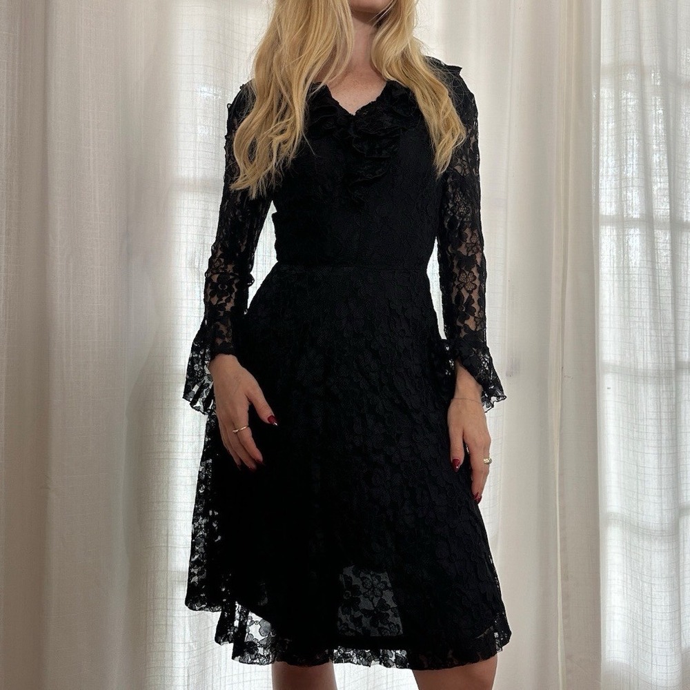 Vintage 60s ruffle black lace witchy mod midi dress